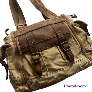 TSD BRAND GENUINE LEATHER AND COTTON BROWN HANDBAG, POCKETS, SNAP CLOSURE